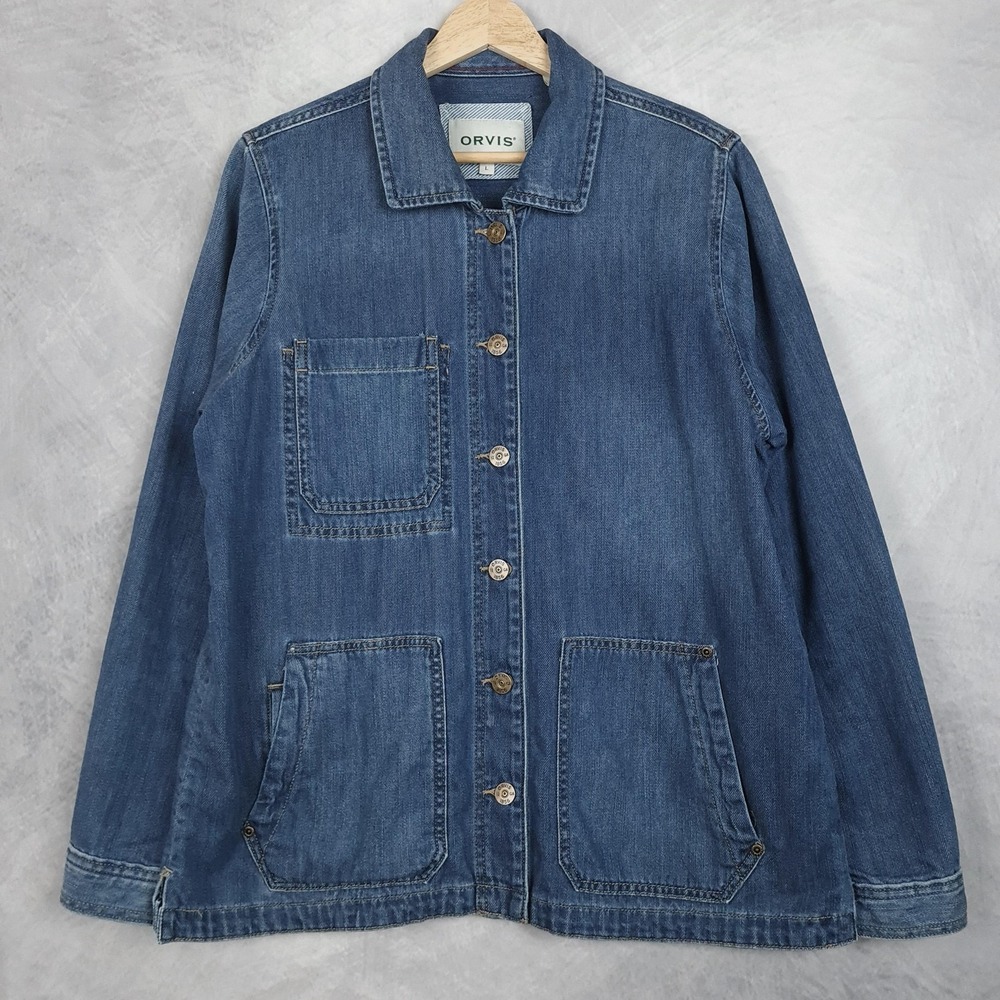 Orvis Field Shirt Jacket Womens Large Blue Denim Chore Military Utility Workwear - Picture 1 of 16